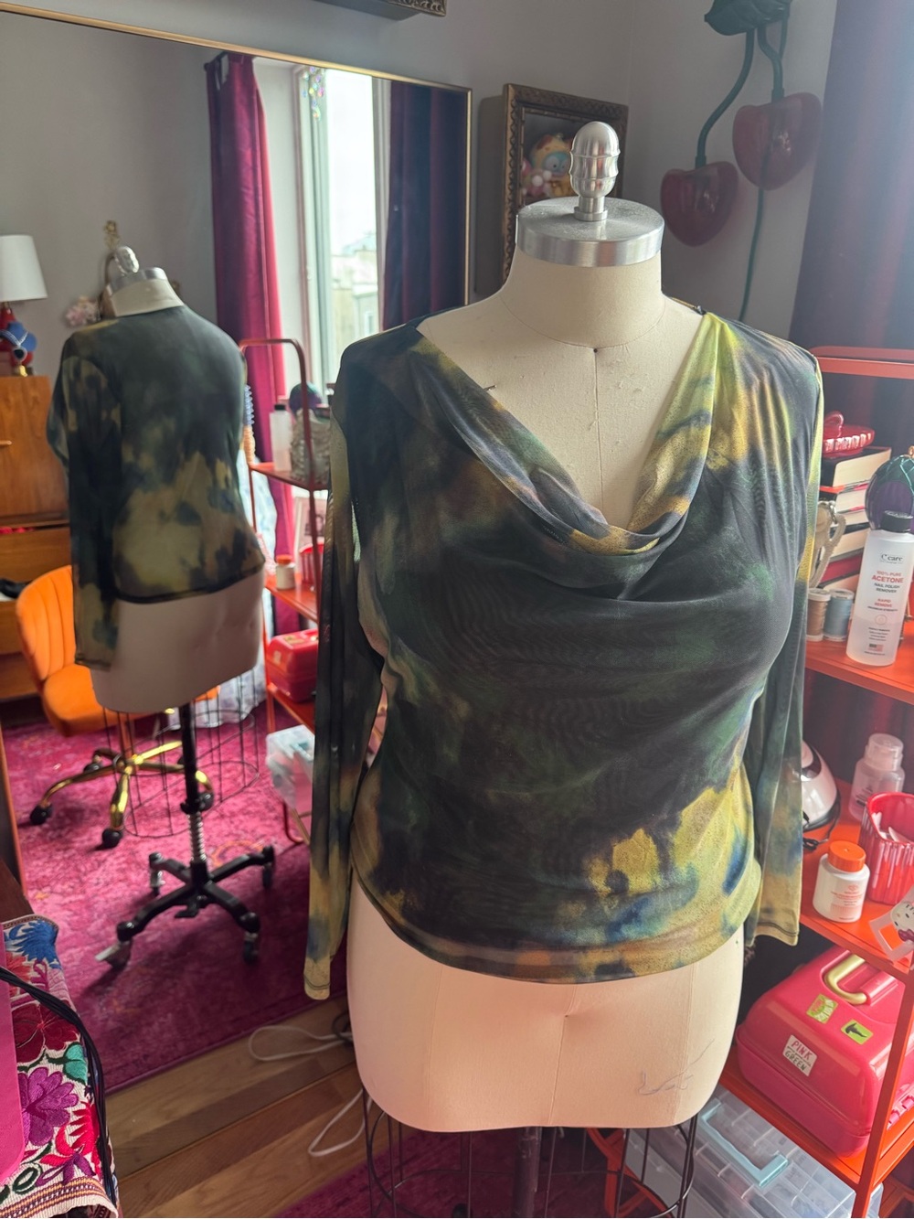 Bar III Green and Yellow Tie-Dye Cowl Neck Long Sleeve Top